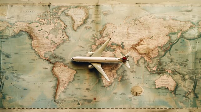 Map with airplane route line, minimal travel aesthetic.