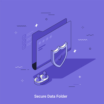 Secure data folder concept with locked documents and upward arrow symbolizing digital privacy, information protection, cybersecurity. Isometric vector illustration