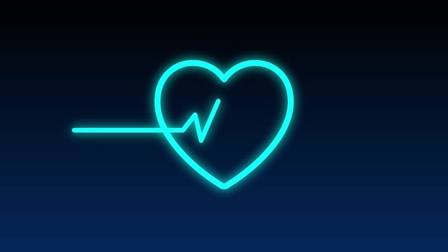A glowing cyan neon heart outline against a dark blue gradient background.