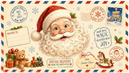 Fototapeta premium Santa envelope with cute portrait of Santa Claus and postal stamp seals. Illustration in retro style. 2027