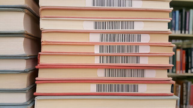 Stack of library books with barcode labels on the spine arranged neatly on a wooden table inside a quiet academic study room interior