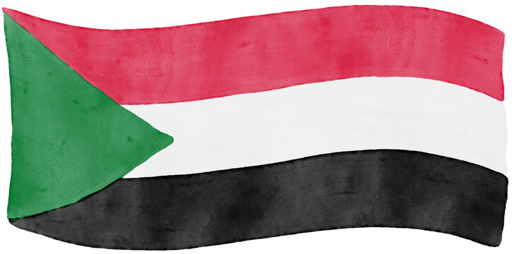 Hand drawn watercolor Sudan flag with red white black stripes and green triangle handpainted watercolor illustration isolated on white background. Handmade national flag painting artwork.