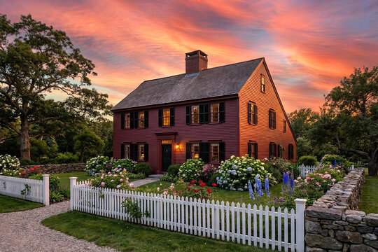A beautiful New England style colonial house at sunset