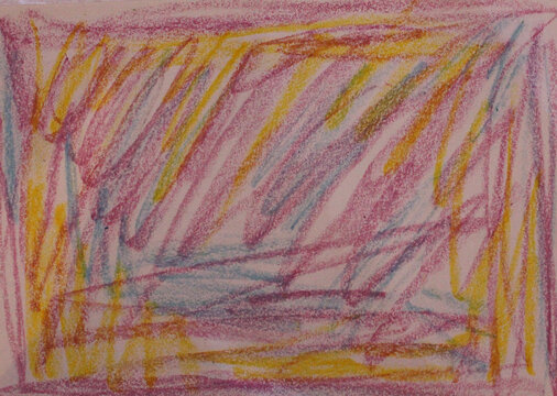 Abstract hand-drawn artwork featuring loose pastel and crayon strokes in dusty pink, mustard yellow, ochre, muted blue, lavender, and burgundy. Layered diagonal marks, rough contours, crosshatching.