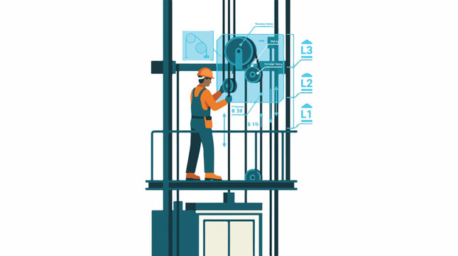 Flat vector graphic of a technician in an elevator shaft, holographic bright blue cable tension schematics and floor level data projected over the pulley system, trace optimized, minimalist flat