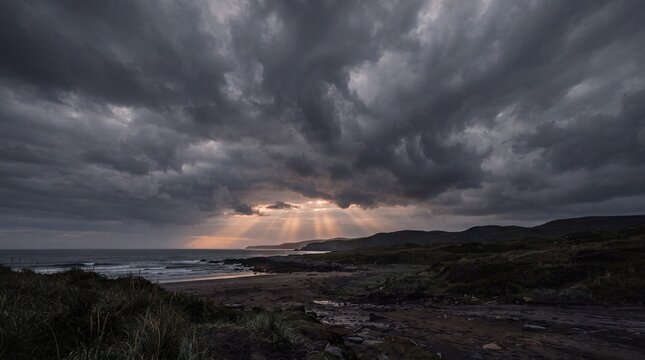 Dramatic storm clouds over coastal landscape, sun rays breaking through dark sky, moody ocean sunset with crepuscular rays
