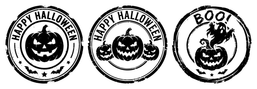 Halloween round seals with jack o lantern and ghost in vintage stamp style