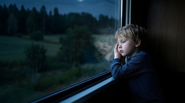 Young boy looking out a train window during a night travel journey