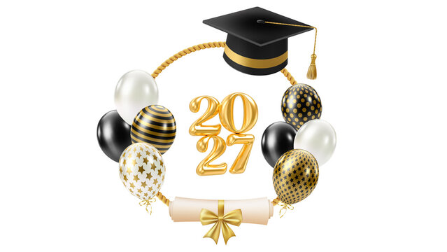 Graduation 2027 class celebration design, black and gold balloons with mortarboard cap, festive diploma wreath for greeting cards