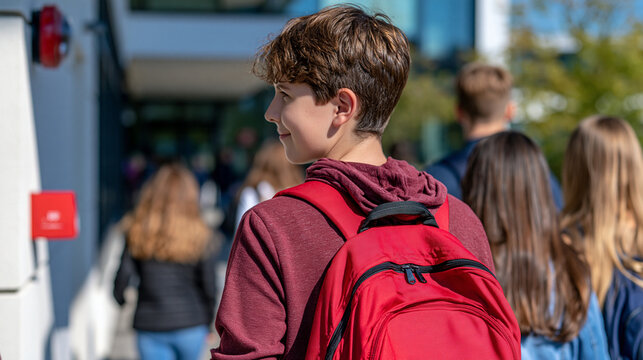 Rear view of students following an organized emergency drill in a bright modern school hallway beside a red wall mounted fire alarm, cropped composition with faces completely out of frame, clean edu