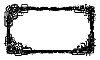 Obraz premium Steampunk industrial frame with gears pipes and mechanical elements in distressed stamp style