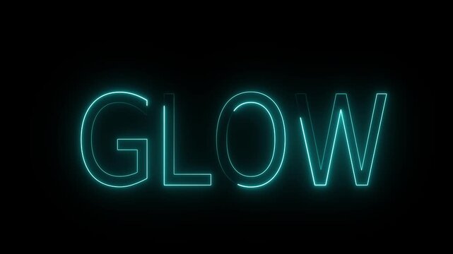 A glowing cyan neon-style word &ldquo;GLOW&rdquo; displayed in bold outlined typography against a dark black background.