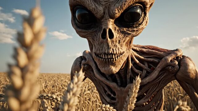 Alien encounter in wheat field under blue sky landscape