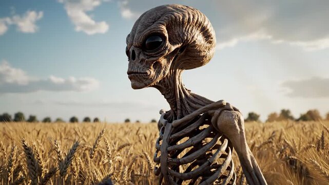 Alien figure standing amongst wheat field under bright sunlight