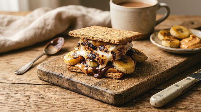 S'more made with graham crackers, toasted marshmallows, melted chocolate, sliced bananas, and peanut butter