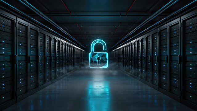 A glowing digital padlock floating in the center of a high tech modern server room aisle with dark corridor professional luminous cyber security web