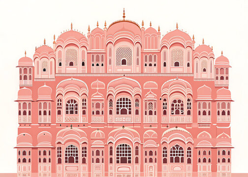 Hawa Mahal inspired facade, repeating jharokha windows, pink sandstone ornamentation, iconic Jaipur architecture