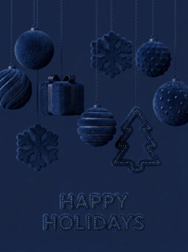 Dark blue furry Christmas ornaments with glowing Happy Holidays text