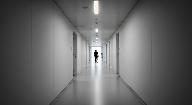 Silhouette of a man walking down a long bright hospital corridor.