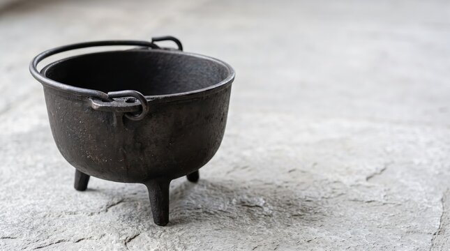 Vintage black cast iron cauldron pot with three legs and a handle resting on a textured grey stone surface, evoking themes of ancient history, medieval cooking, witchcraft