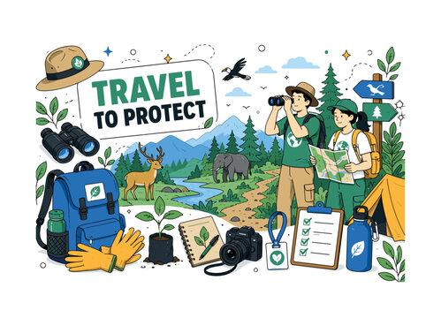 Conservation Vacation Trip. A clean editorial banner showing two eco-volunteers beside an oversized wildlife scene and forest trail, with a ranger hat, binoculars, backpack, gloves, seedling, field