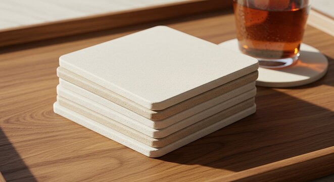 Stack of blank white square coasters on a wooden tray with a glass.