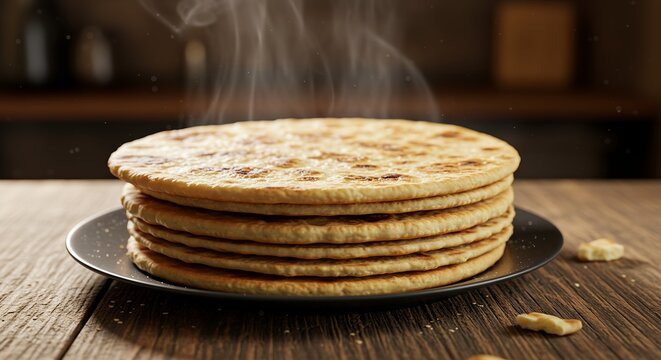 Stack of freshly baked hot steaming flatbreads on a rustic wooden table.