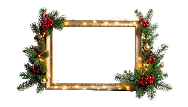 An elegant empty photo frame decorated with pine branches, red berries, and small gold ornaments along its border, warm string lights woven around the edges, isolated on transparent background.