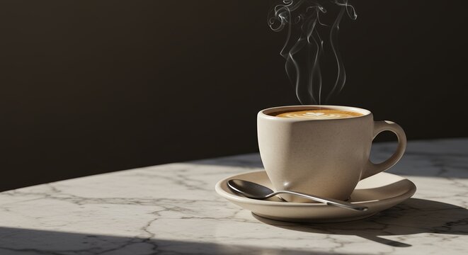 Steaming cup of fresh coffee on a marble table in morning light.