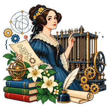 Historical female mathematician stands near an early mechanical computing engine while holding an algorithm flowchart diagram.