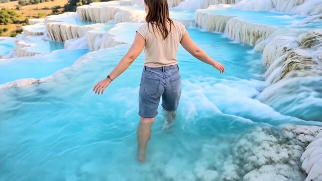 Tourist walking barefoot on the beautiful white travertine terraces and enjoying the bright blue thermal water pools in Pamukkale Turkey during summer