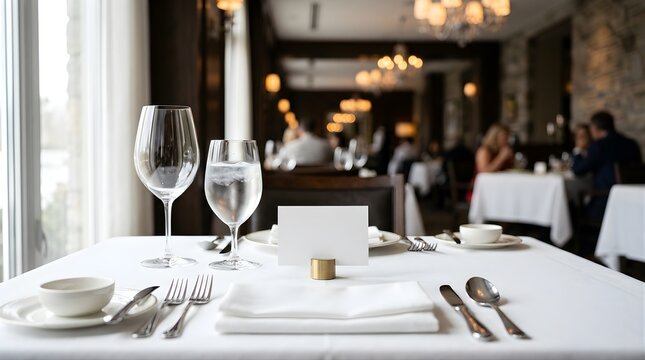 Elegant Table Setting with Blank Place Card in Upscale Restaurant
