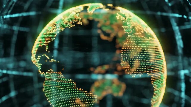 Animated earth globe rotating in digital network with data visualization