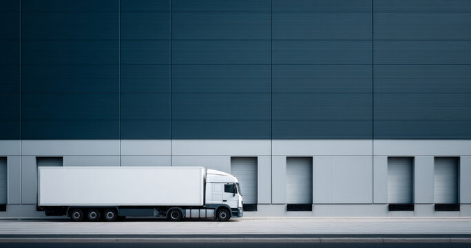 White semi truck parked by warehouse loading docks