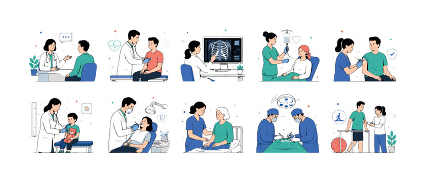 Medical Clinic Services, clean editorial illustration set of 10 separate mini scenes in a 5x2 layout showing consultation, medical examination, diagnostic review, treatment, vaccination, pediatric