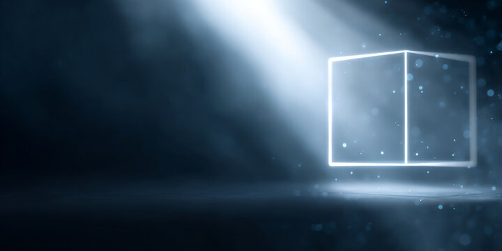 Glowing neon cube in dark space