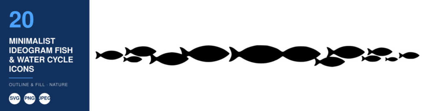 Minimalist Ideogram Fish Icons, Water Cycle Illustration, Nature Concept Design, Outline and Fill Style