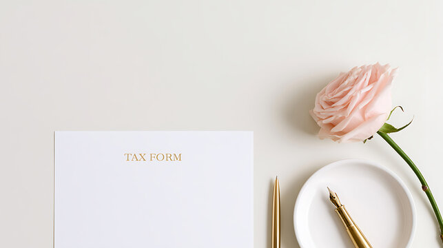 Minimalist flat lay composition featuring a tax form, elegant gold pens, and a soft pink rose flower on a clean white desk surface