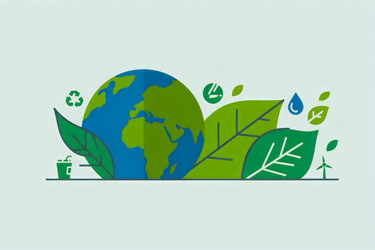 Colorful eco-friendly globe illustration with green leaf and renewable energy icons illustration
