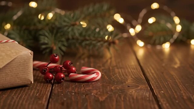 Wrapped Christmas gift with tag on wooden table with fairy lights
