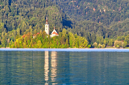 Bled Island with Assumption of Mary Pilgrimage Church Reflected in Lake Bled, Slovenia
