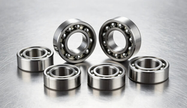 Industrial ball bearings arranged on a metallic surface, featuring polished steel texture, mechanical engineering and manufacturing details, professional lighting, and sharp focus.
