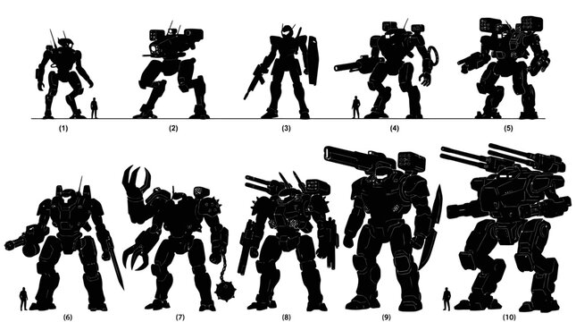 Heavy armored robot silhouettes with futuristic weapon systems.