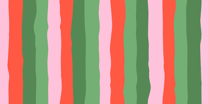 Abstract seamless pattern with vertical uneven stripe in red, green and pink. Hand-drawn minimalist style with rough edges for holiday wrapping paper or textile, vector illustration