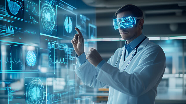 Doctor wearing augmented reality glasses examines medical data on a holographic interface in a modern hospital lab