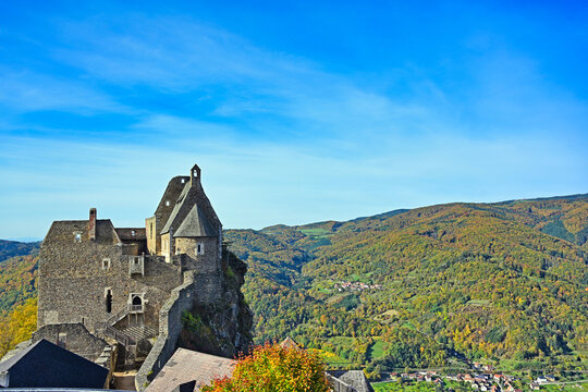 Medieval Aggstein Castle Ruins Surrounded by Autumn Forest in Wachau Valley, Lower Austria