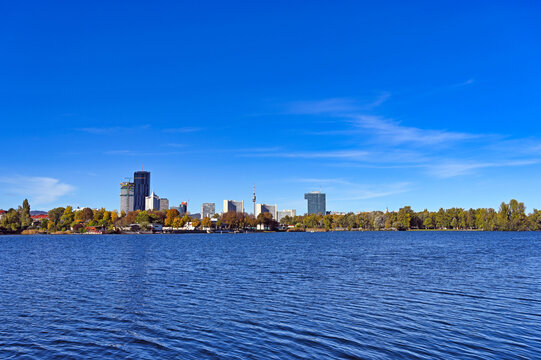 Vienna Donau City Skyline with DC Tower and Danube Tower Across Alte Donau Lake, Austria
