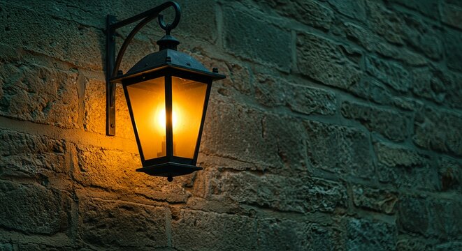 A vintage style outdoor wall lantern glowing against a textured stone wall at night.