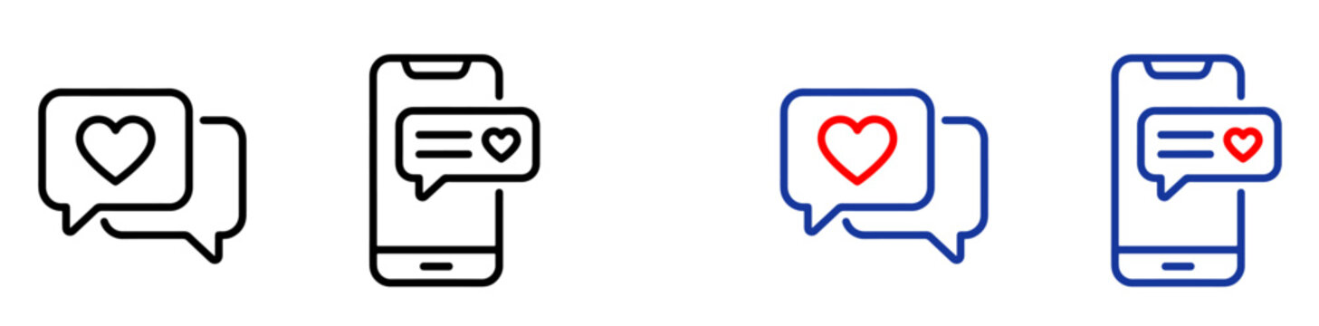 Set of mobile phone and speech bubble icons with heart symbols for social media