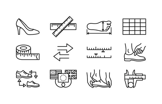 Shoe Size Conversion, line icon set featuring womens shoe, ruler, foot measurement outline, size chart grid without text, measuring tape, conversion arrows, scale bars, fitting guide, covering shoe